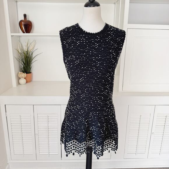 Lela Rose Black White Nubby Boucle Knit Sleeveless Crochet Lace Hem Top Size S - Picture 2 of 7